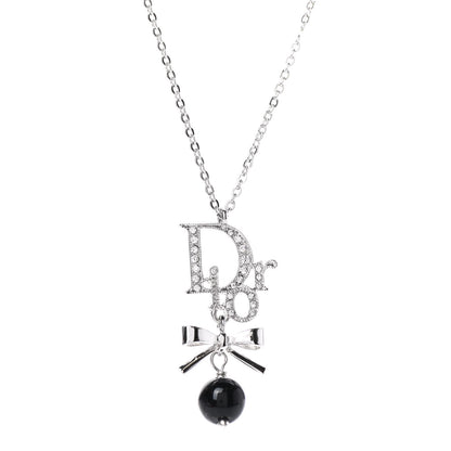 Christian Dior Enamel Bead Logo Bow Necklace Silver Black 4 of 6