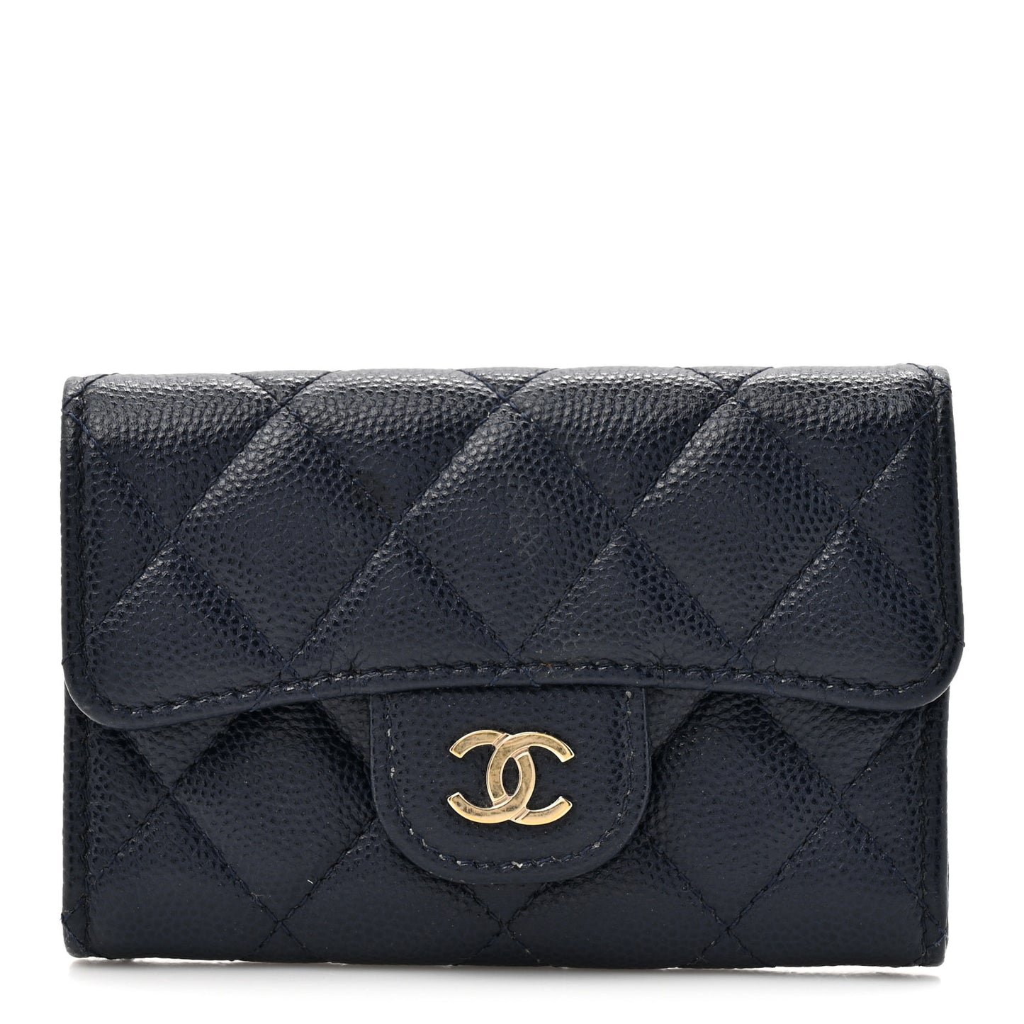 Caviar Quilted Flap Card Holder Wallet Navy Blue