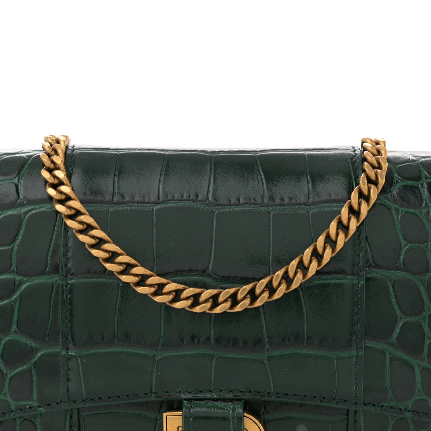 Balenciaga Shiny Calfskin Crocodile Embossed Hourglass Chain Bag Forest Green 8 of 10