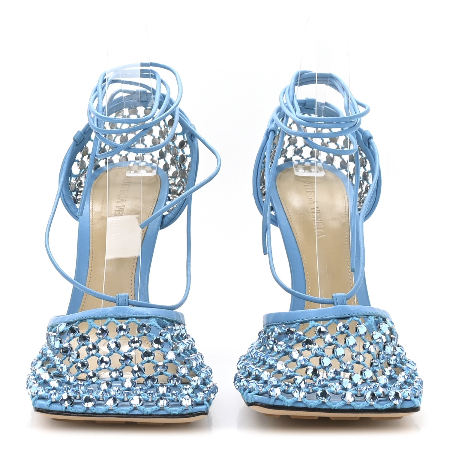 Bottega Veneta Mesh Nappa Crystal Embellished Sparkle Stretch Ankle Tie Sandals 38.5 Pool 3 of 6