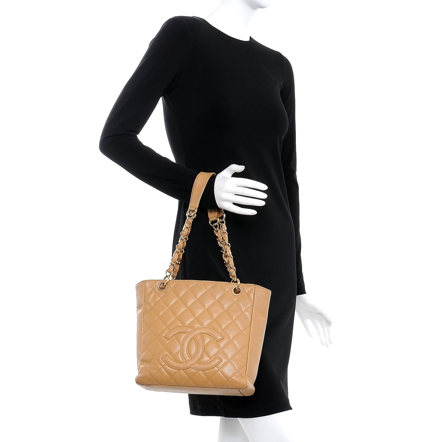 Caviar Quilted Petit Shopping Tote PST Beige