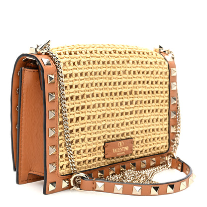 Valentino Garavani Raffia Calfskin Rockstud Wallet On Chain Pouch Natural Almond Beige 3 of 9
