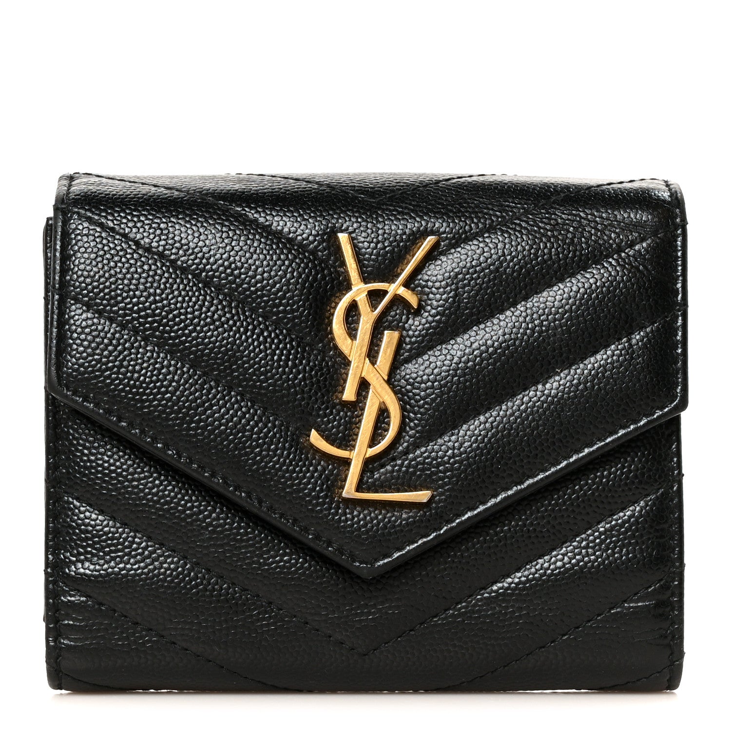 Saint Laurent Grain De Poudre Matelasse Chevron Monogram Compact Tri Fold Wallet Black 1 of 9