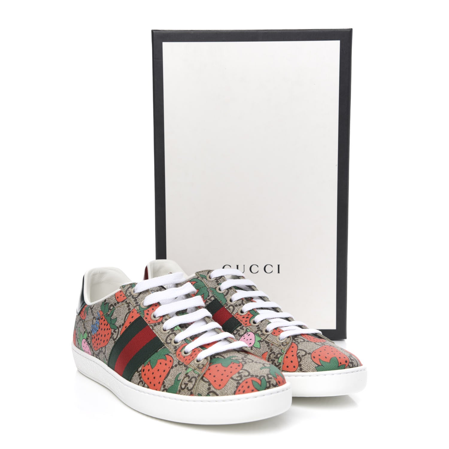 Gucci GG Supreme Monogram Strawberry Web Womens Ace Sneakers 39 Beige Multicolor Red Green 9 of 9