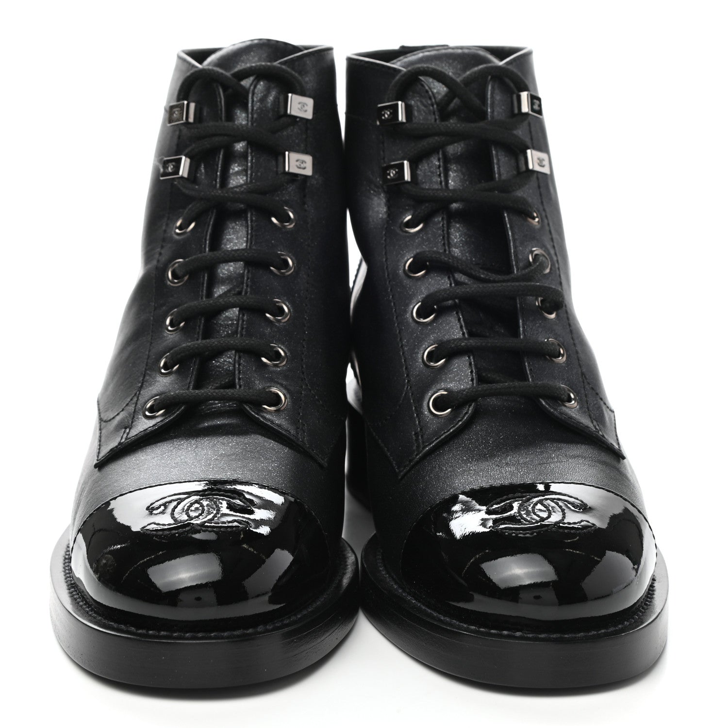 Chanel Glitter Calfskin Lace Up Combat Boots 36 Black 2 of 9