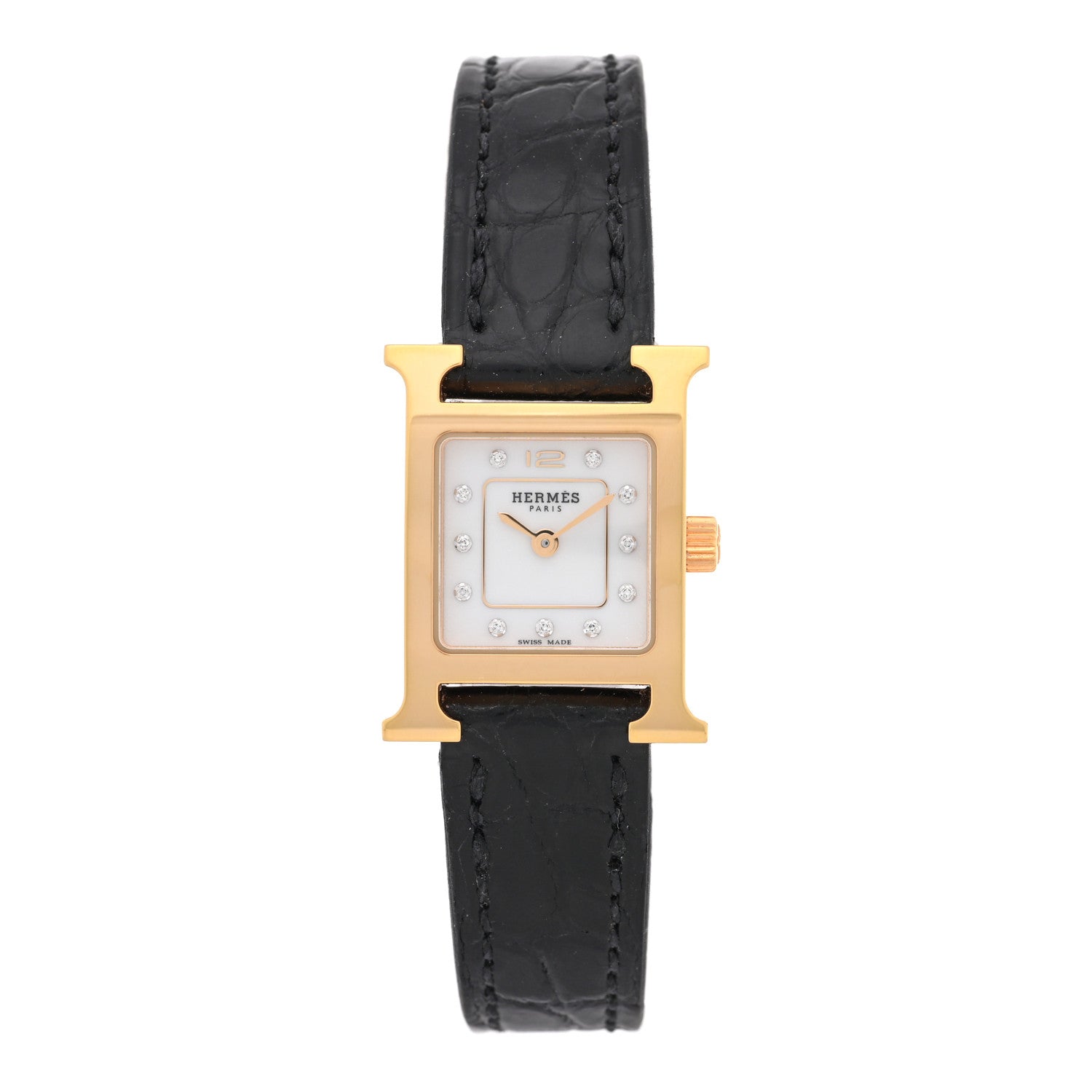 Hermes Stainless Steel Alligator Diamond Mother of Pearl 17.2mm Heure H Hour Quartz Watch Noir 1 of 5