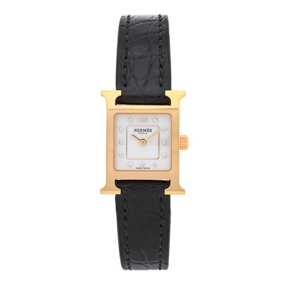 Hermes Stainless Steel Alligator Diamond Mother of Pearl 17.2mm Heure H Hour Quartz Watch Noir 1 of 5