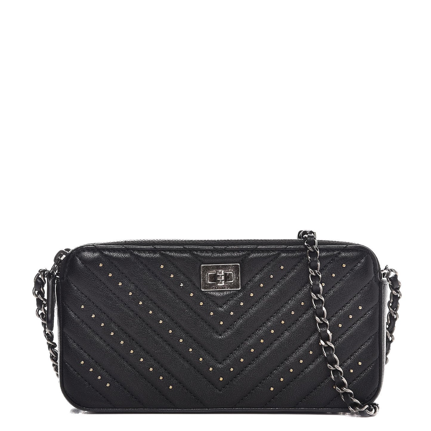 Sheepskin Chevron Quilted Studded Reissue Small Clutch With Chain Black