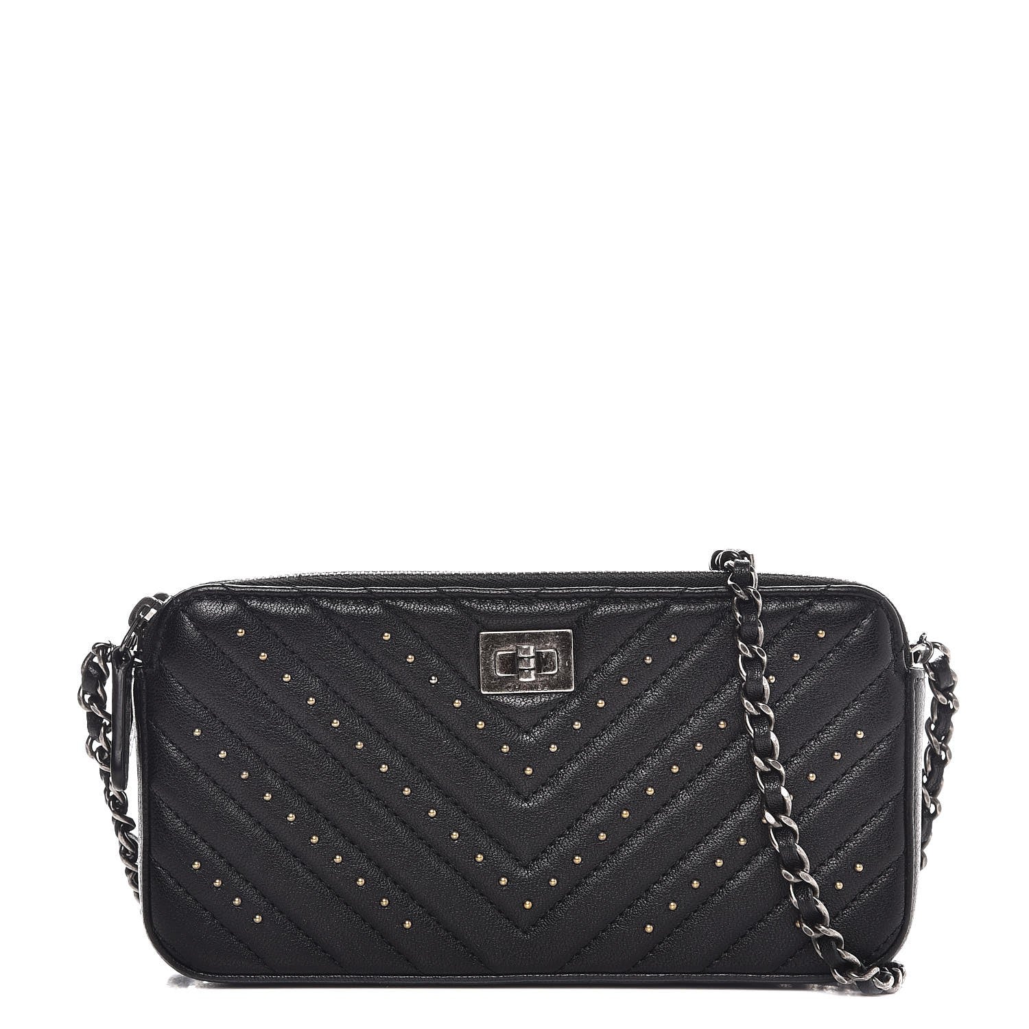 Chanel Sheepskin Chevron Quilted Studded Reissue Small Clutch With Chain Black 1 of 10