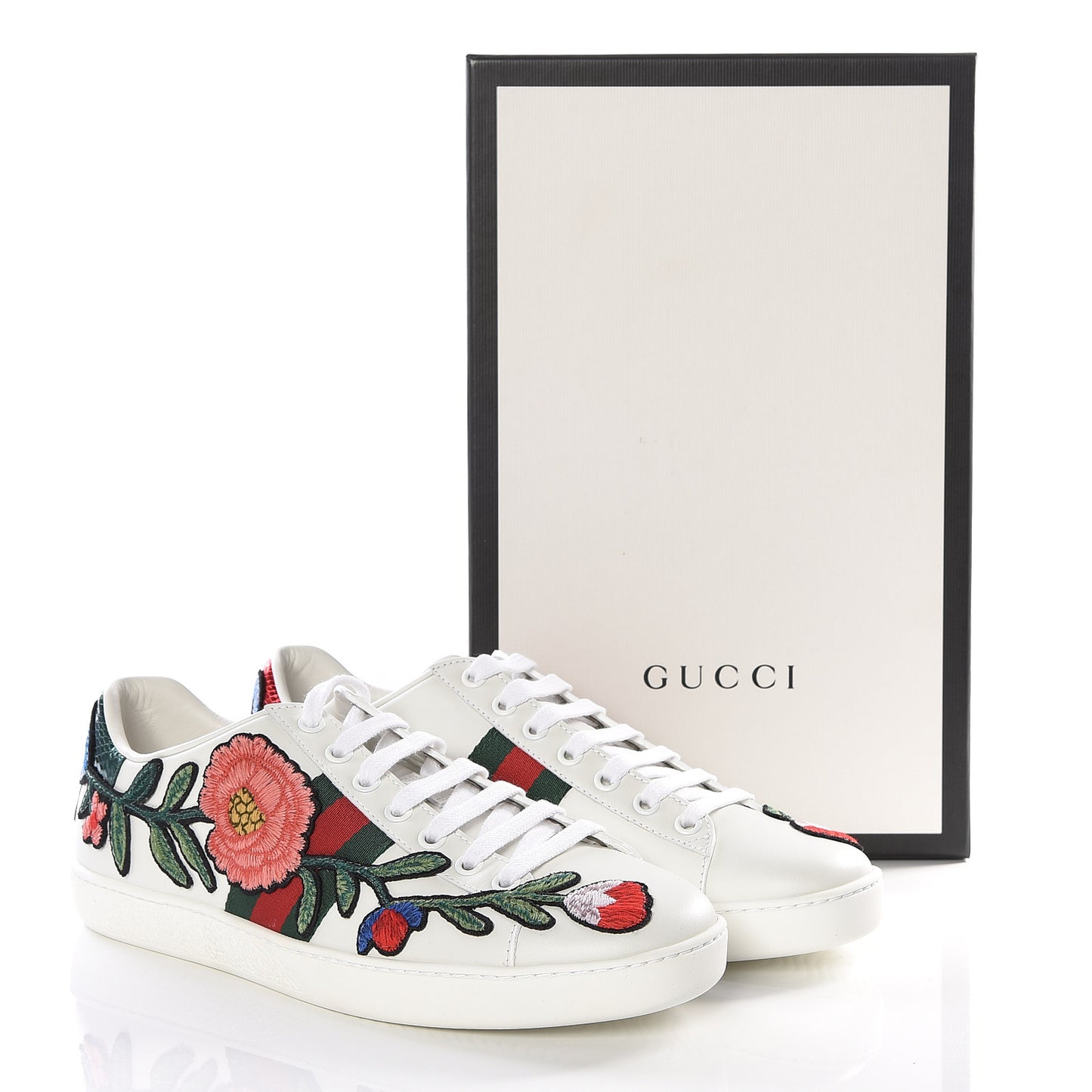 Calfskin Web Floral Embroidered Ace Sneakers 38 White