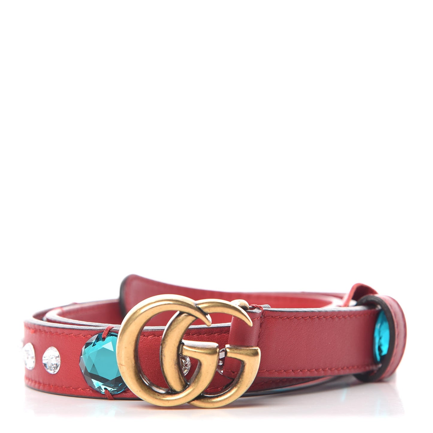 Calfskin Crystal Embellished Double G Belt 85 34 Hibiscus Red