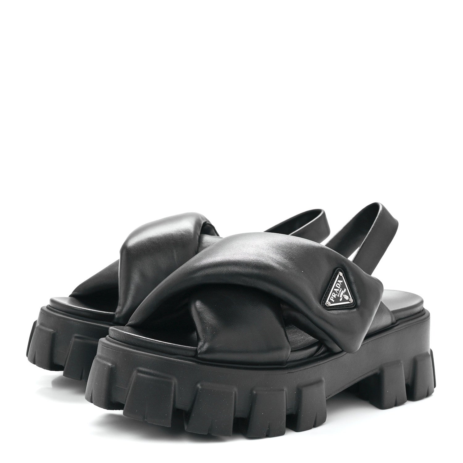 Prada Nappa Soft Metal Triangle Logo Padded Monolith 55mm Slingback Sandals 40 Black 3 of 9