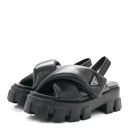 Prada Nappa Soft Metal Triangle Logo Padded Monolith 55mm Slingback Sandals 40 Black 3 of 9