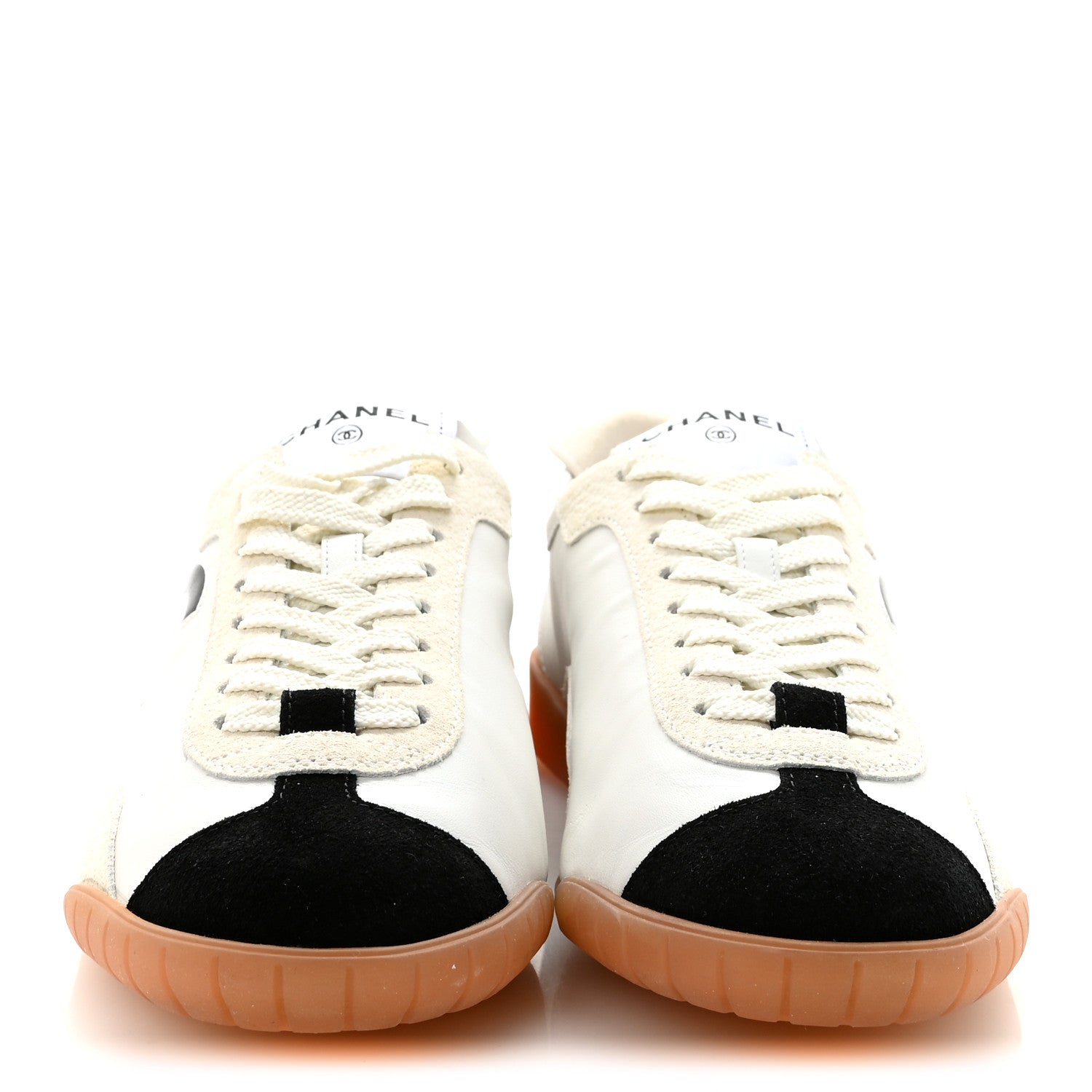 Chanel Calfskin Embossed Suede Womens CC Sneakers 37 White Black 3 of 8