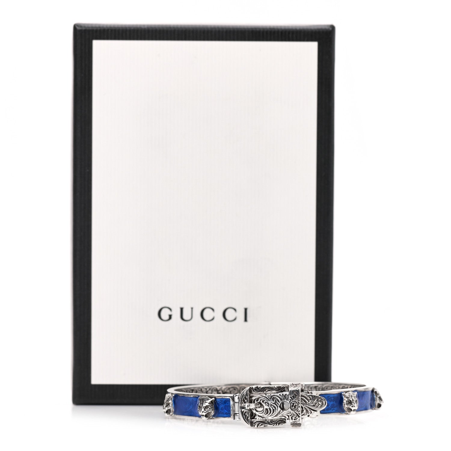 Gucci Sterling Silver Enamel Garden Feline Buckle Bracelet Blue 6 of 6
