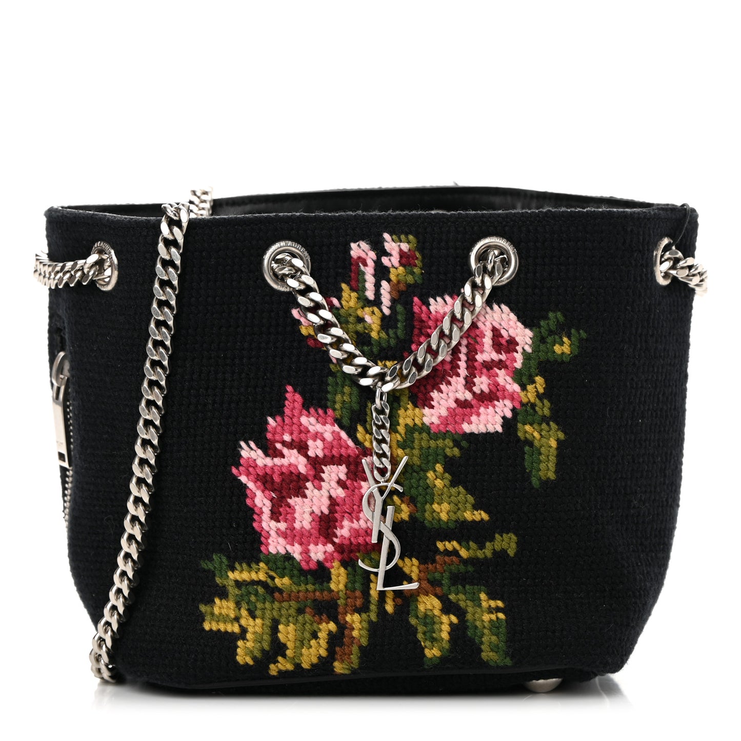 Woven Wool Embroidered Baby Emmanuelle Bucket Bag Black