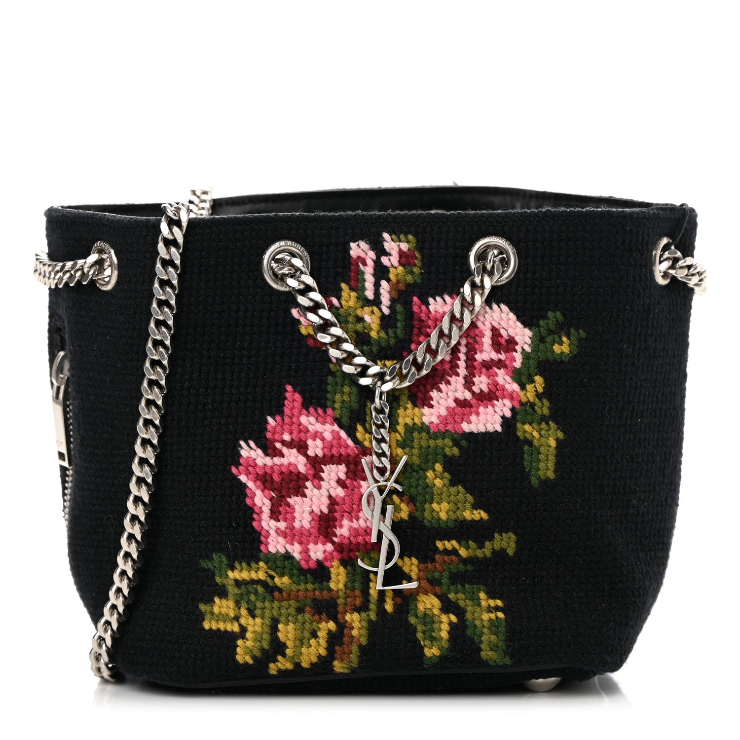 Saint Laurent Woven Wool Embroidered Baby Emmanuelle Bucket Bag Black 1 of 13