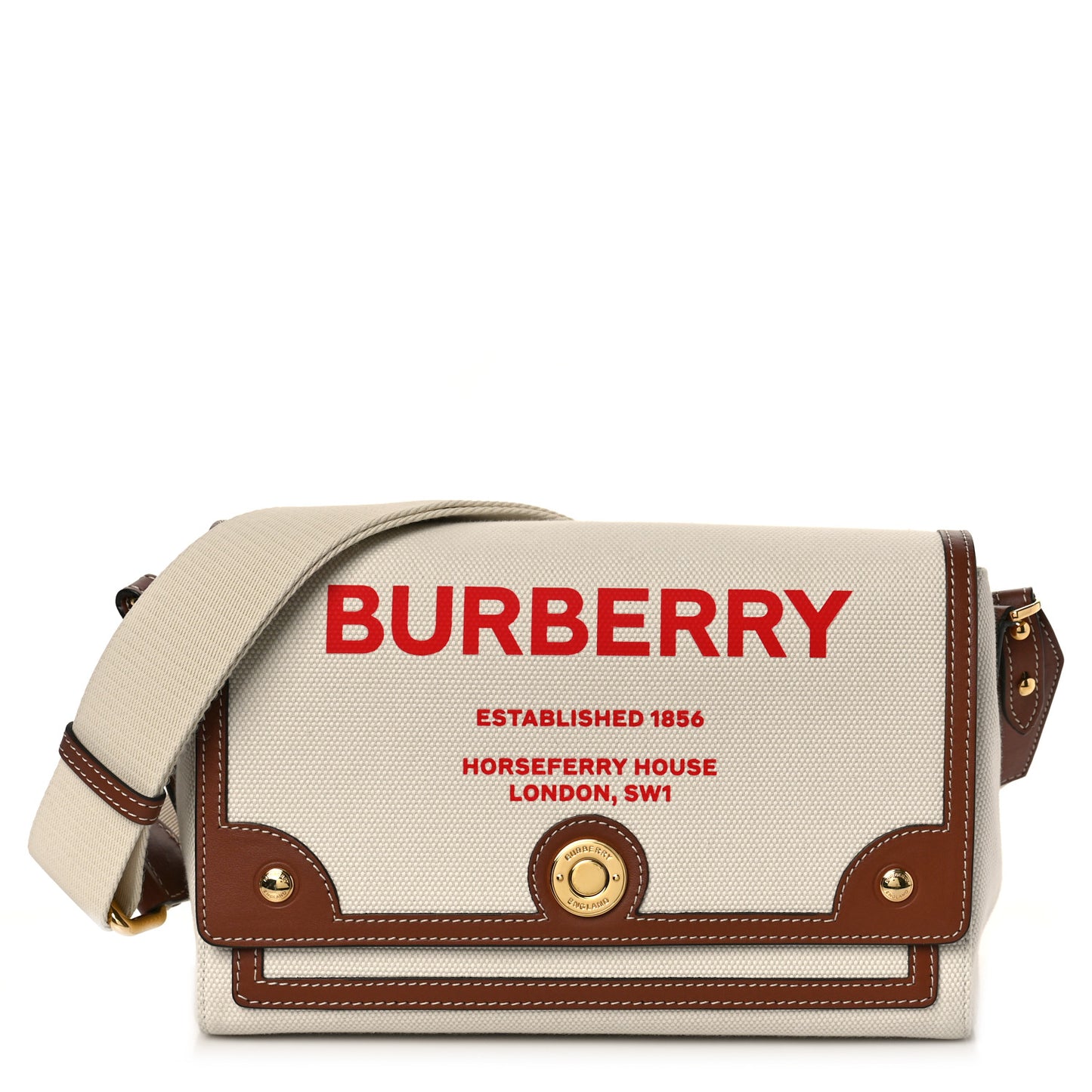 Canvas Horseferry Print Note Crossbody Bag Natural Tan Fiery Red