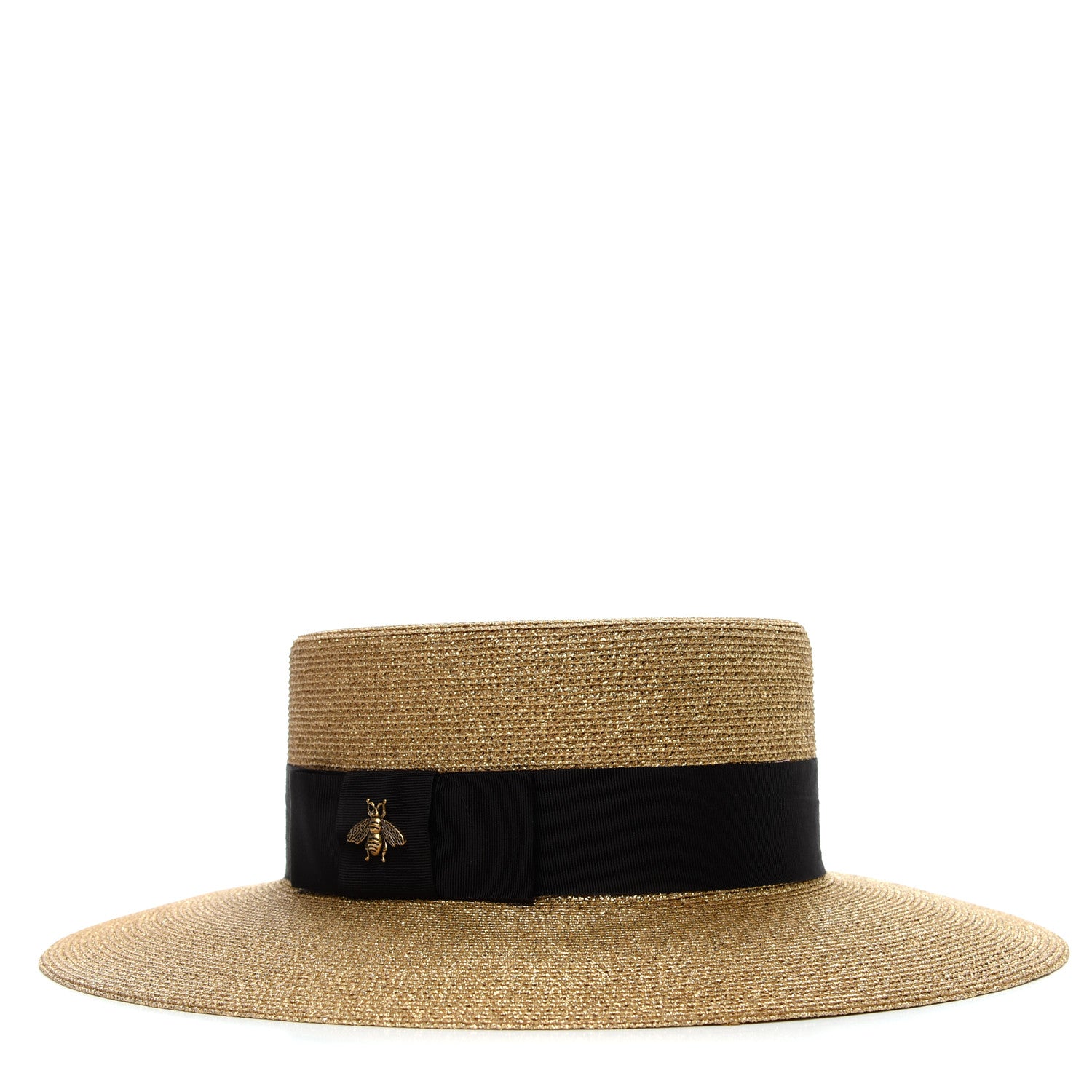 Gucci Glittered Straw Grosgrain Wide Brim Hat S Gold Black 1 of 6