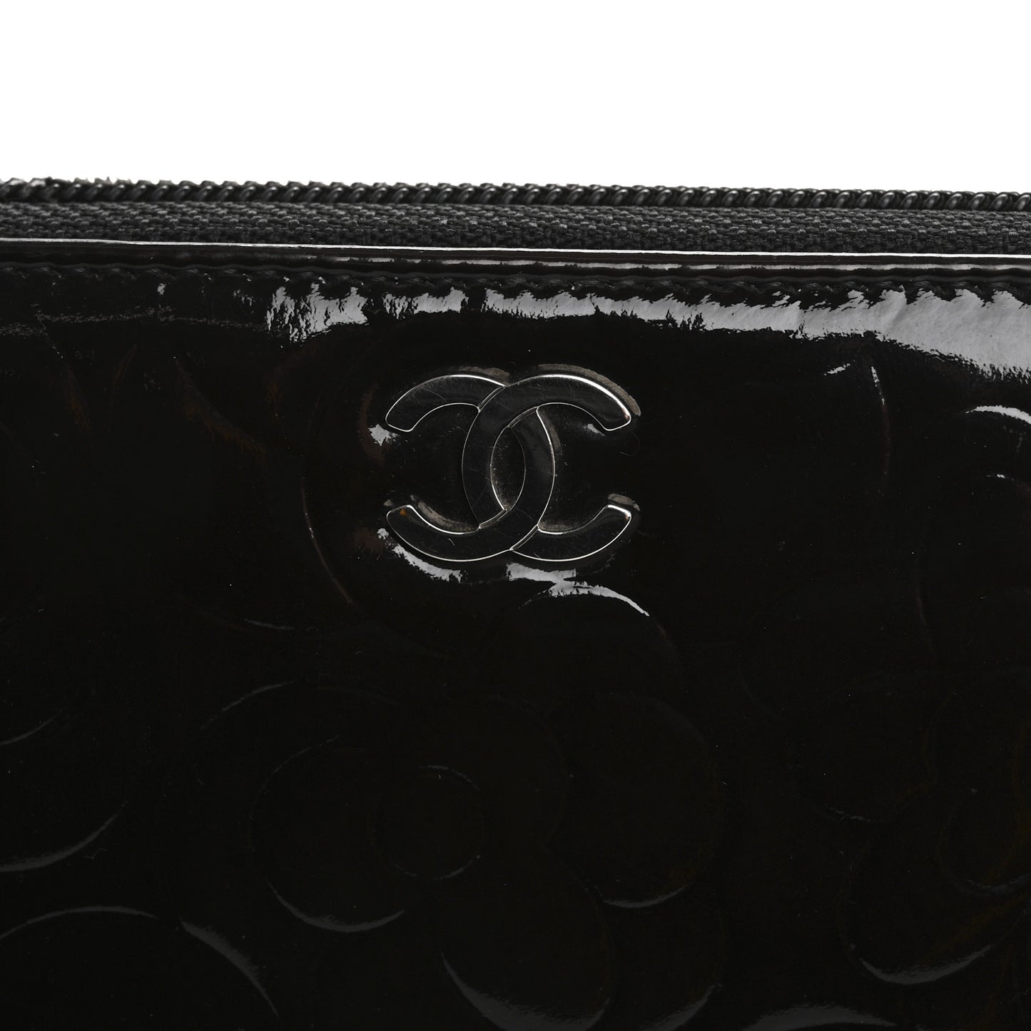 Patent Camellia Embossed Large Zip Around Gusset Wallet Black
