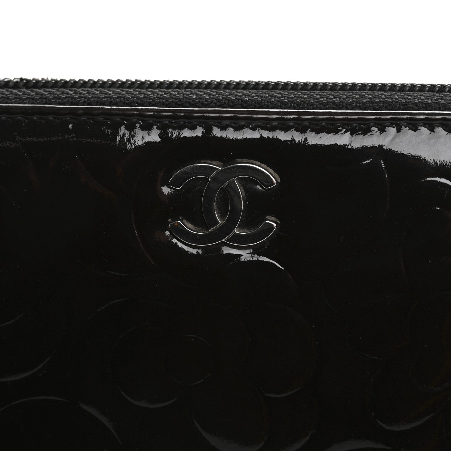 Chanel Patent Camellia Embossed Large Zip Around Gusset Wallet Black 10 of 14