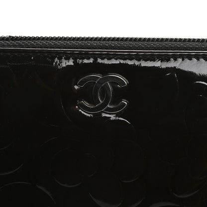 Chanel Patent Camellia Embossed Large Zip Around Gusset Wallet Black 10 of 14