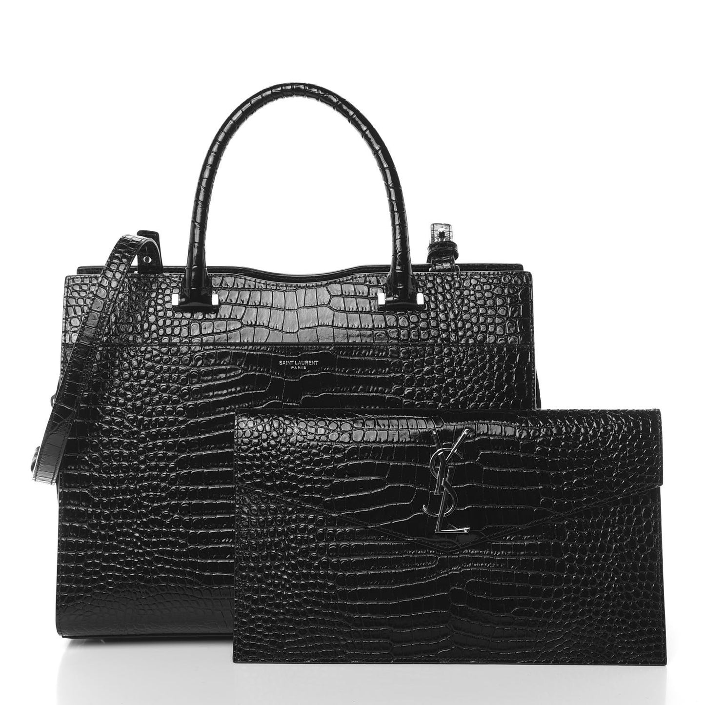 Croc Calfskin Embossed Medium Uptown Tote Black