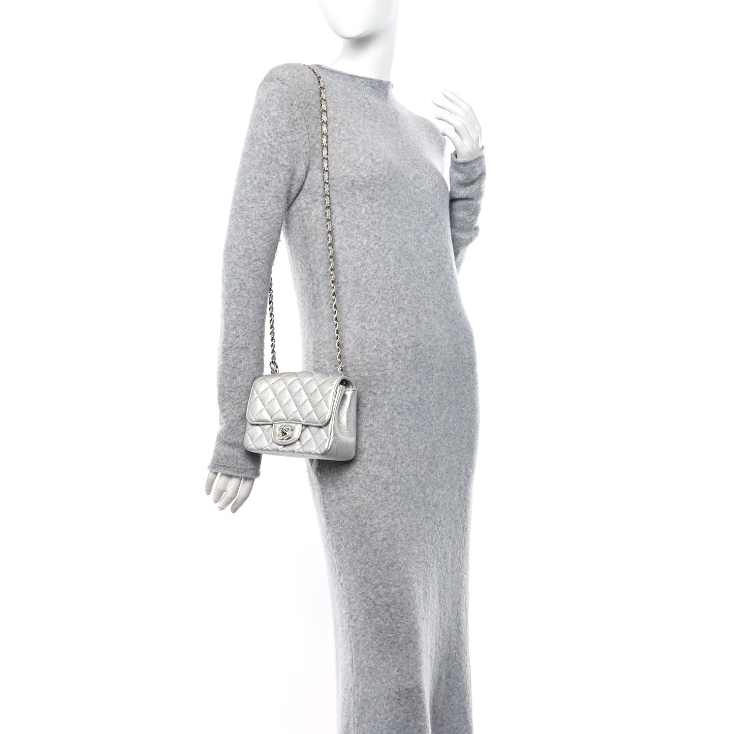 Metallic Lambskin Quilted Mini Square Flap Silver