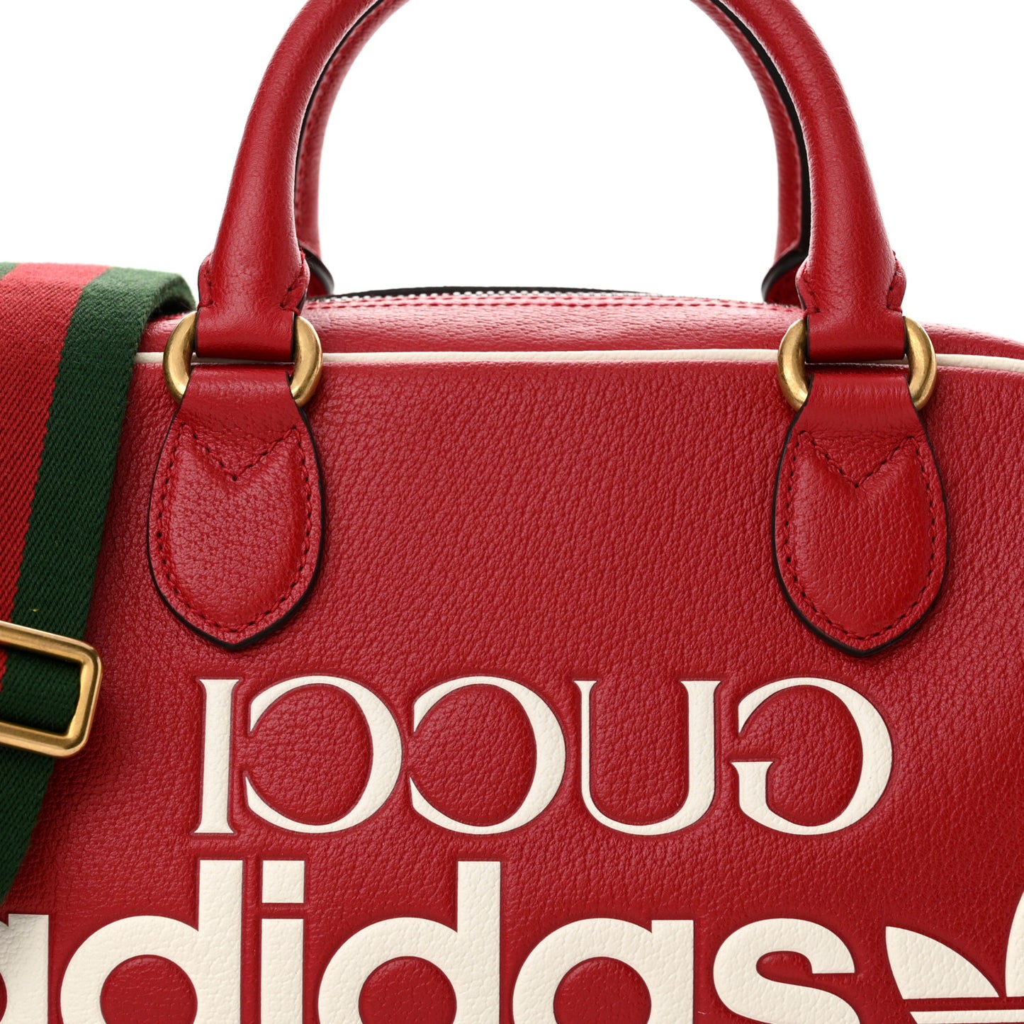 X ADIDAS Textured Dollar Calfskin Web Trefoil Logo Embossed Mini Bowling Bag Red Off White