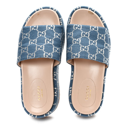 Gucci New Denim GG Monogram Angelina Platform 55mm Slide Sandals 36.5 Blue Tea 2 of 9