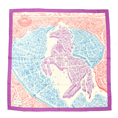 Hermes Cashmere Silk La Cite Cavaliere Shawl 140 Mauve Petrole Coral 1 of 4