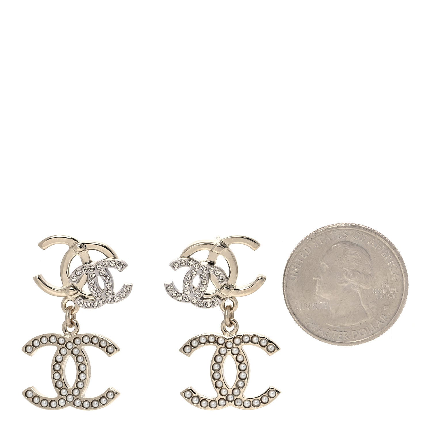 Chanel Crystal Pearl Double CC Drop Earrings Gold Silver 2 of 5