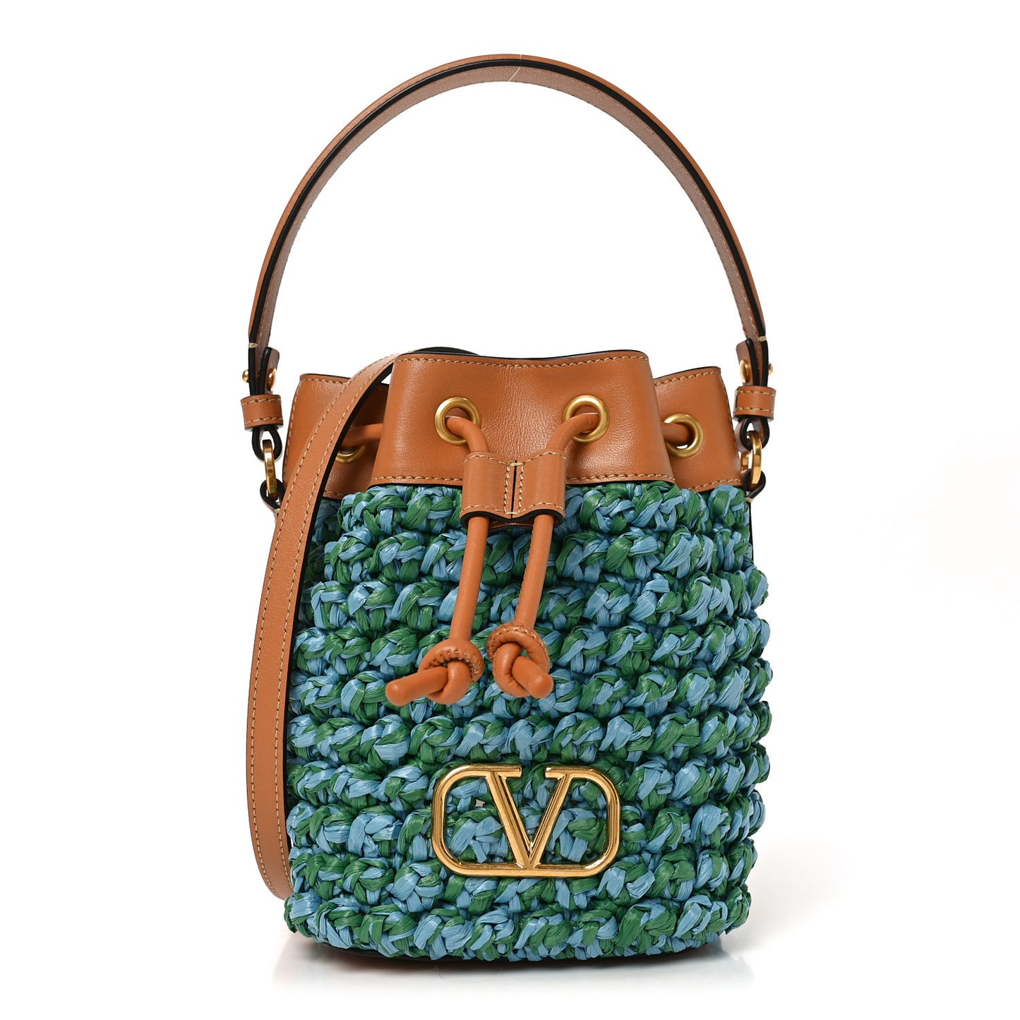 Raffia Crochet Nappa Mini Vlogo Bucket Bag Brown Blue