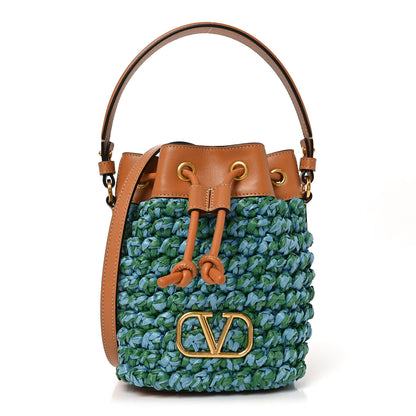 Valentino Garavani Raffia Crochet Nappa Mini Vlogo Bucket Bag Brown Blue 1 of 8
