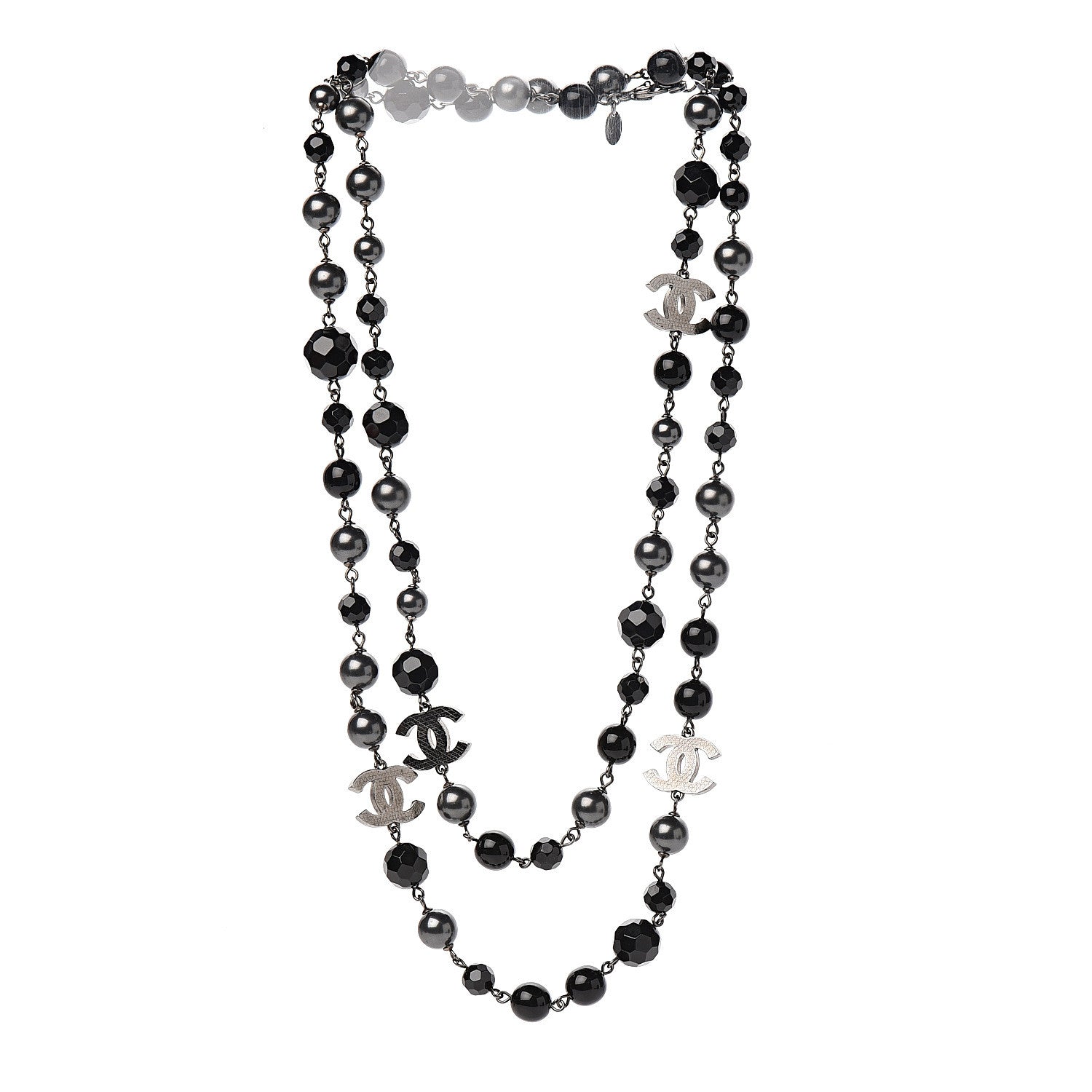 Chanel Pearl Bead Enamel CC Long Necklace Silver Black Grey 2 of 4