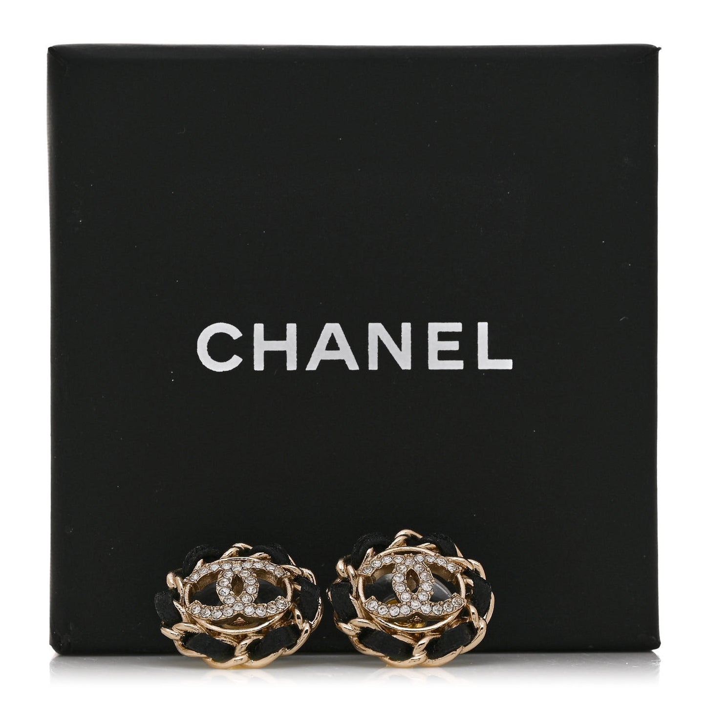 Crystal Lambskin Chain CC Stud Earrings Black Gold