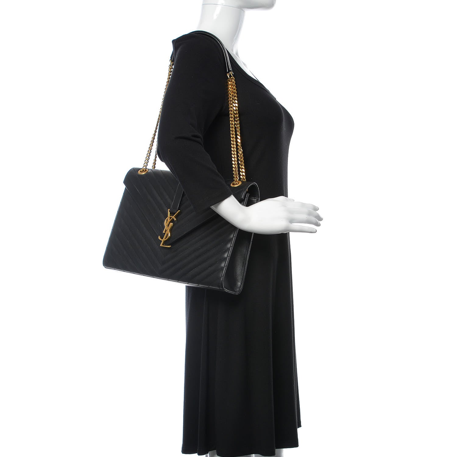 Saint Laurent Smooth Calfskin Matelasse Chevron Large Monogram Satchel Black 2 of 14