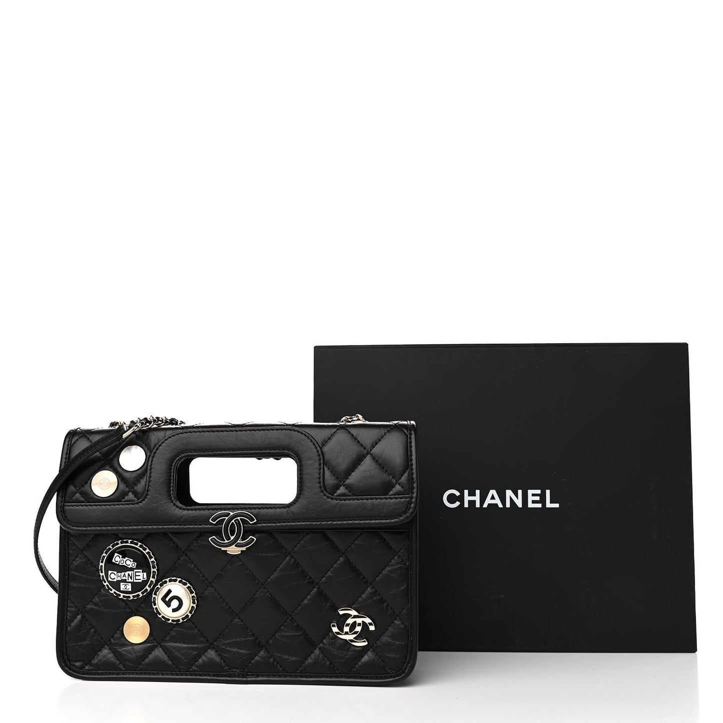 Aged Calfskin Charms Flap Bag Black