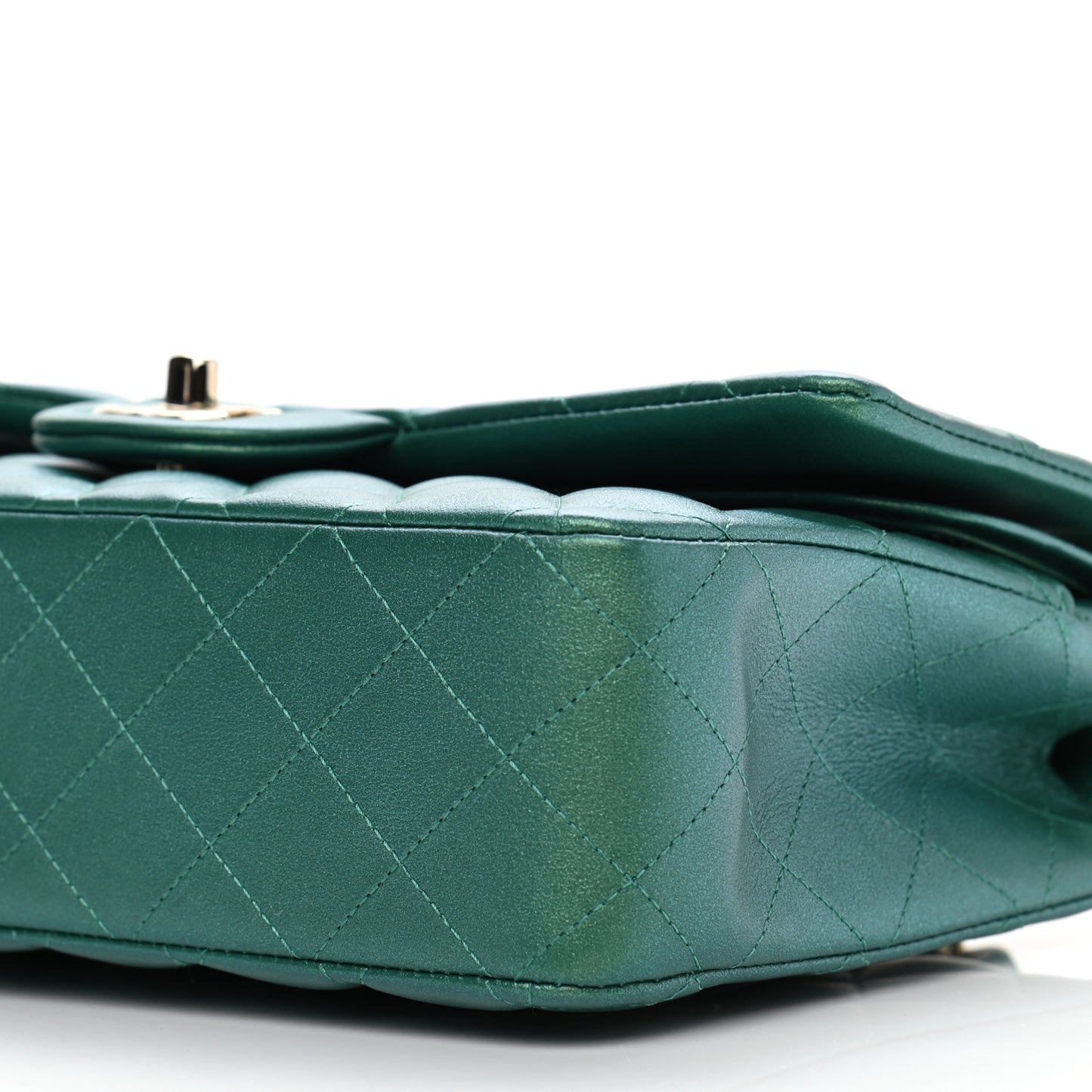 Iridescent Calfskin Quilted Medium Double Flap Green