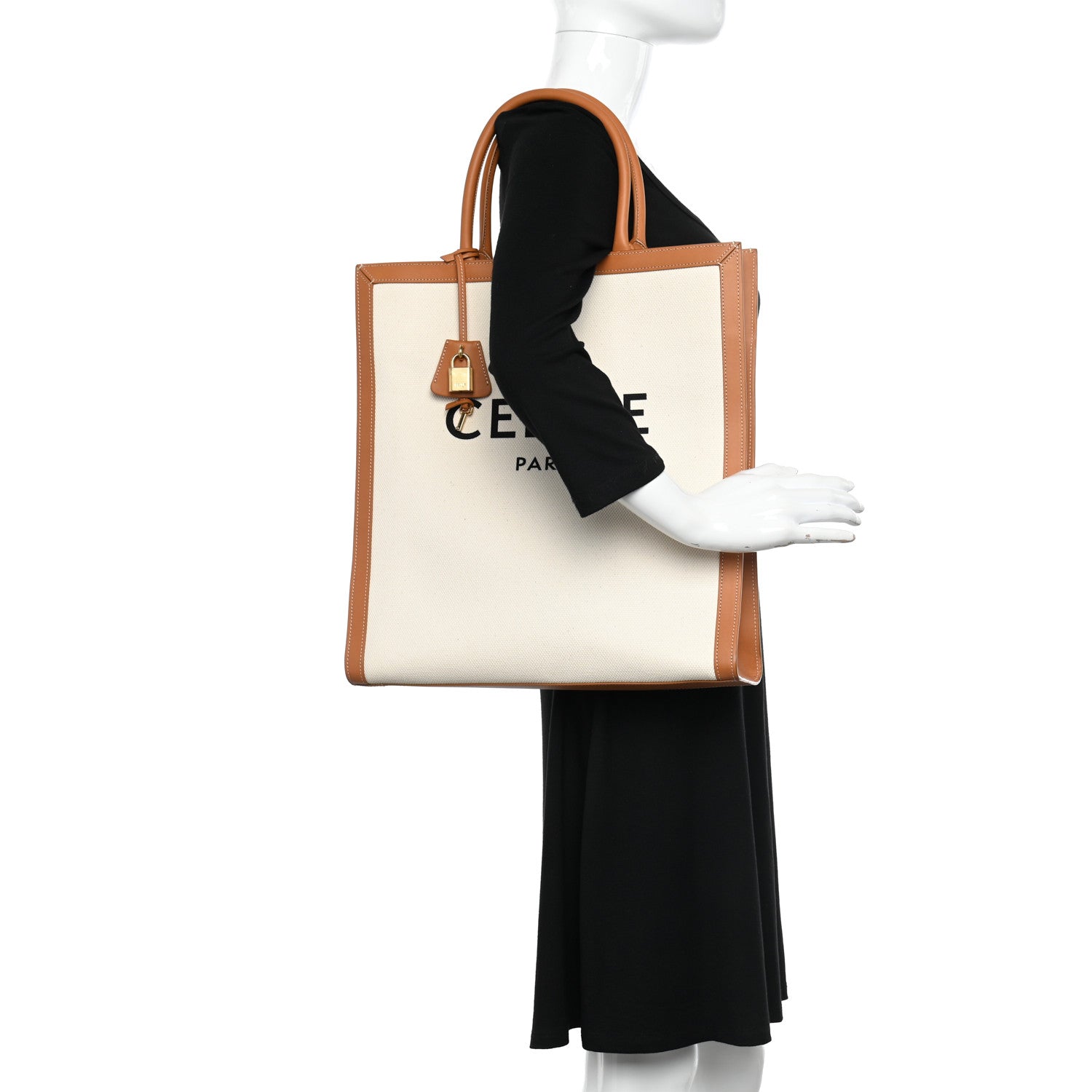 Celine Canvas Calfskin Logo Print Vertical Cabas Natural Tan 2 of 10