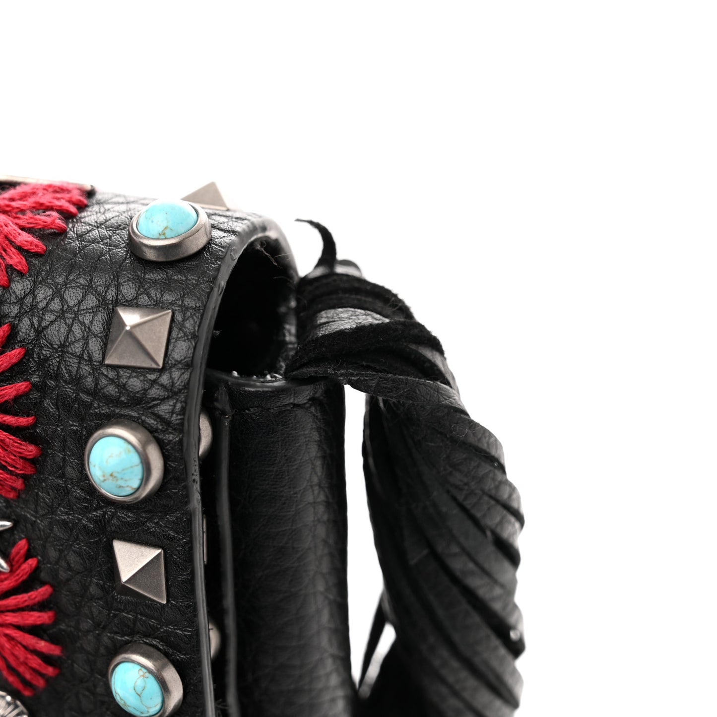Pebbled Calfskin Embroidered Rockstud Rolling Fringe Messenger Black