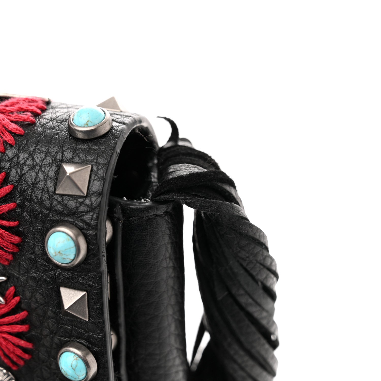Valentino Garavani Pebbled Calfskin Embroidered Rockstud Rolling Fringe Messenger Black 13 of 15