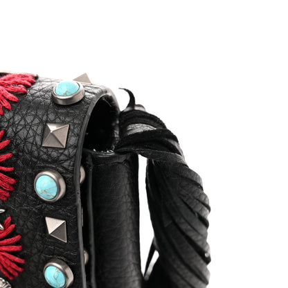 Valentino Garavani Pebbled Calfskin Embroidered Rockstud Rolling Fringe Messenger Black 13 of 15