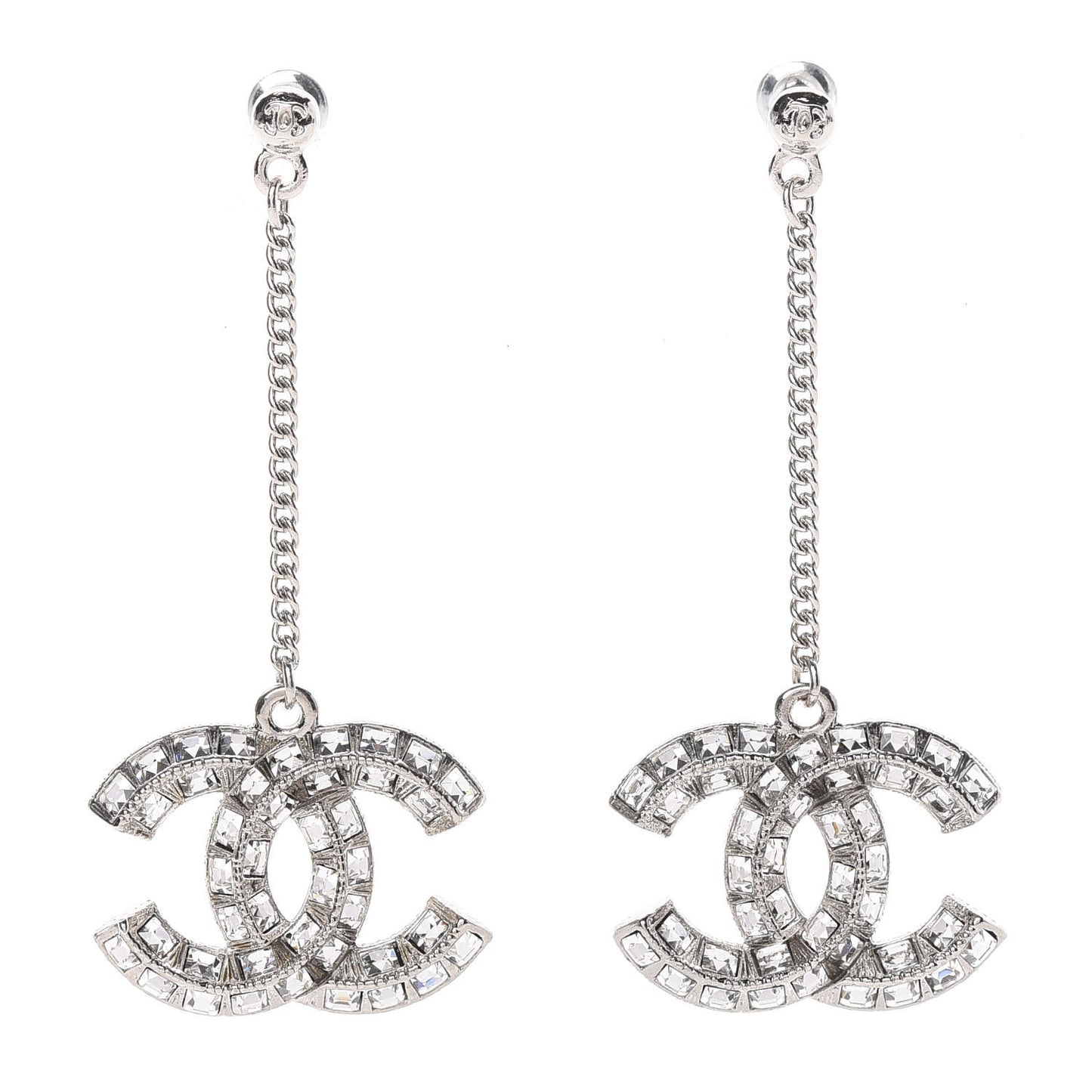 Baguette Crystal CC Drop Earrings Silver