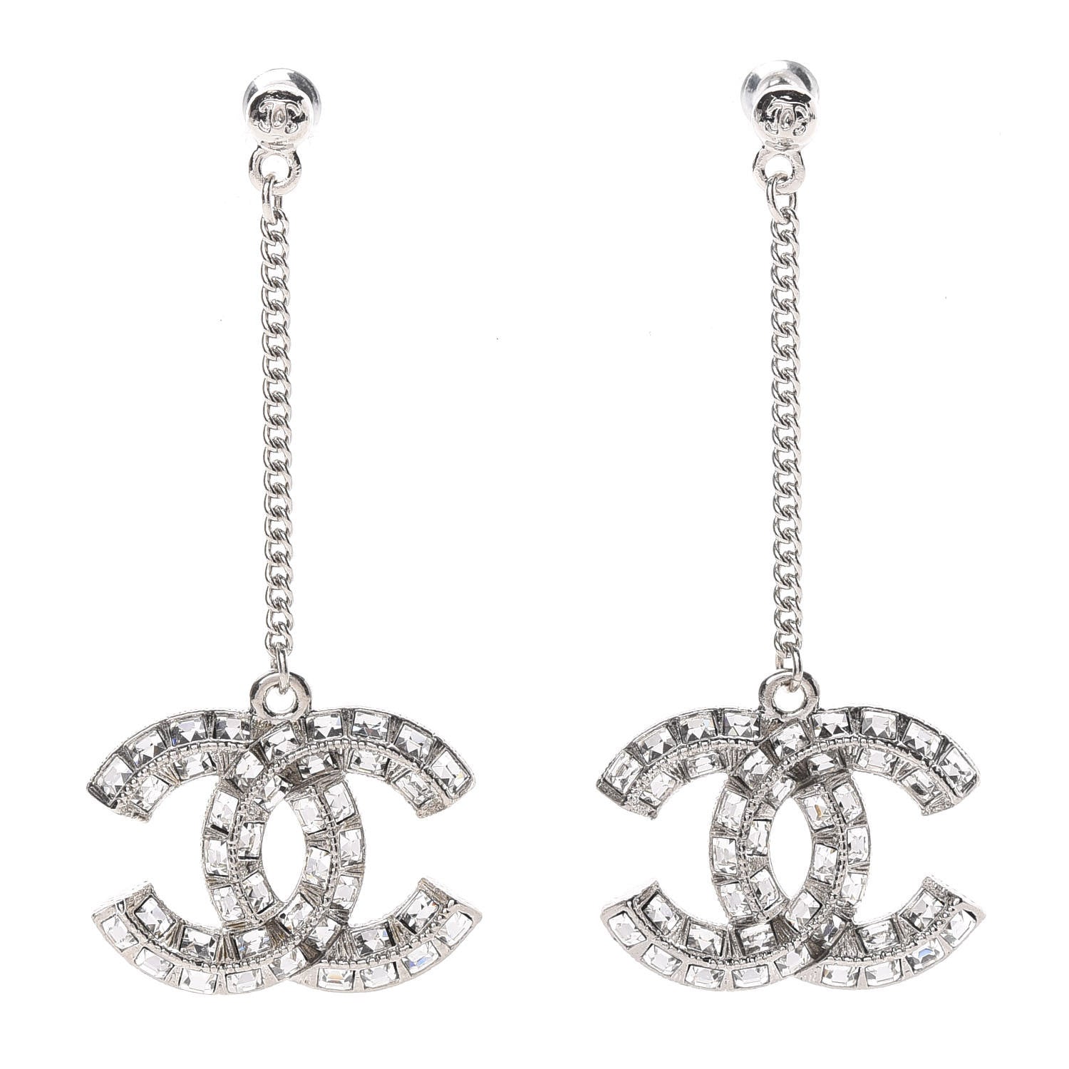 Chanel Baguette Crystal CC Drop Earrings Silver 1 of 5