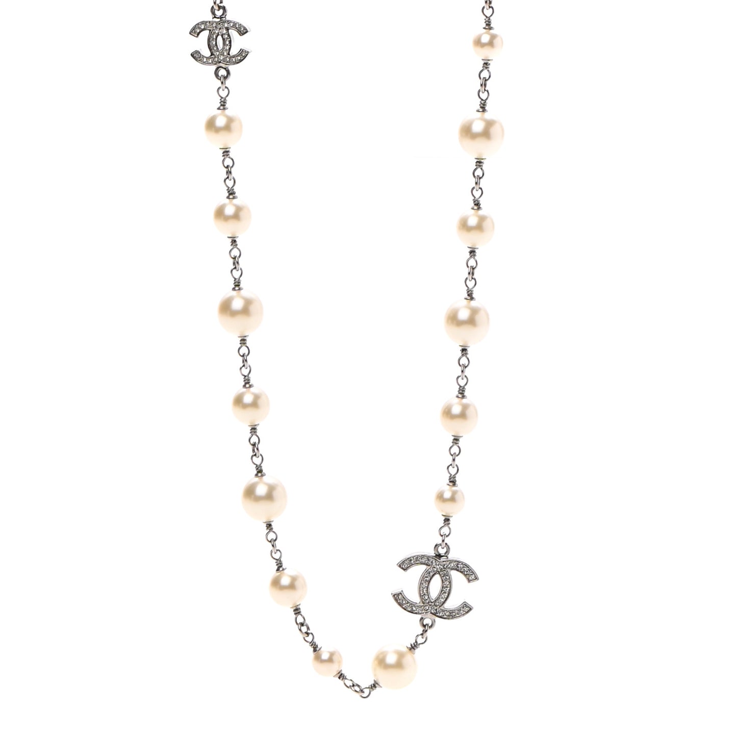 Crystal Pearl CC Long Necklace Silver