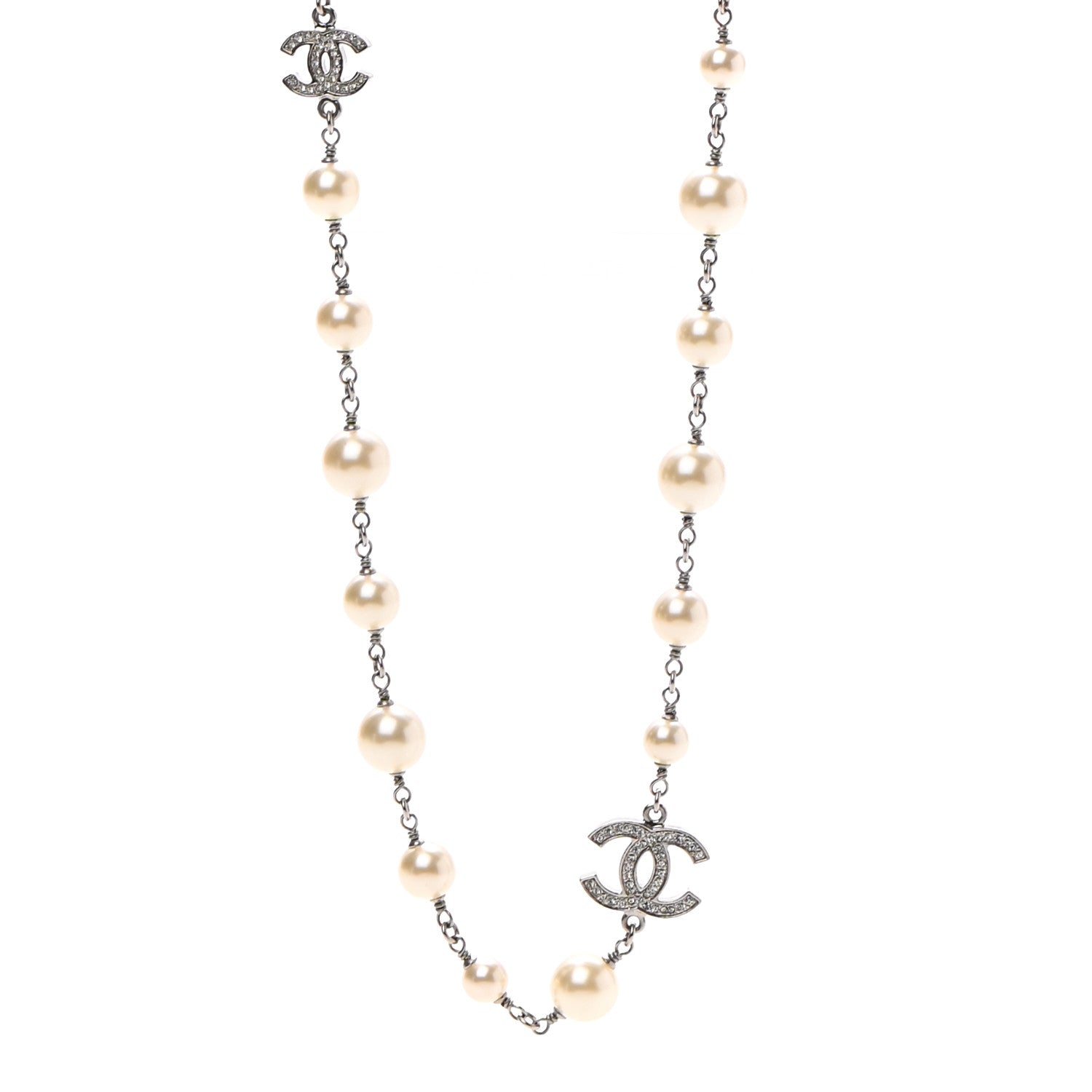 Chanel Crystal Pearl CC Long Necklace Silver 1 of 7