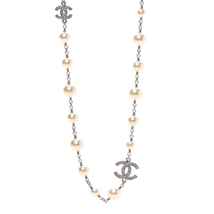 Chanel Crystal Pearl CC Long Necklace Silver 1 of 7