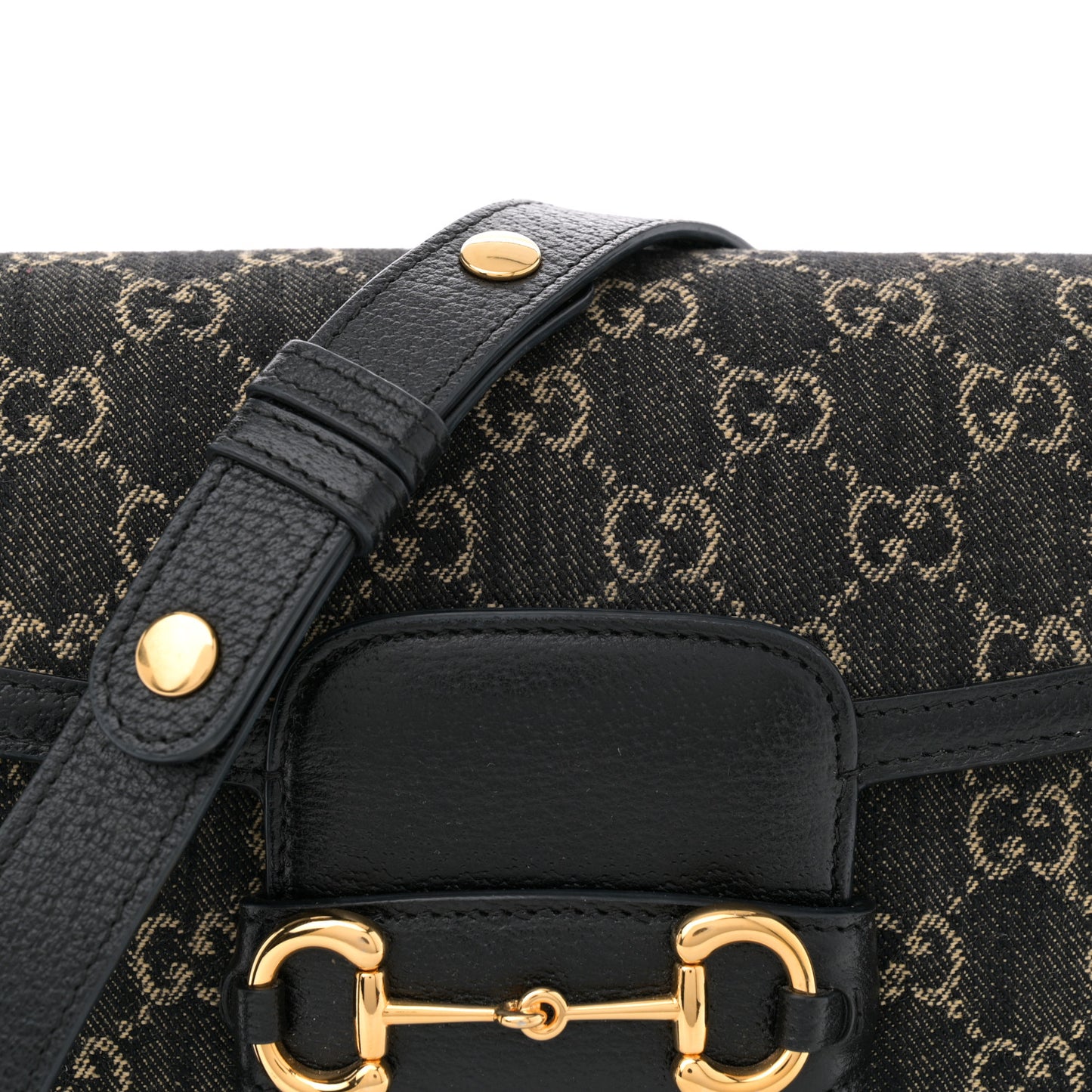 Jacquard Black Denim GG Monogram Textured Dollar Calfskin Horsebit 1955 Shoulder Bag Black Ivory