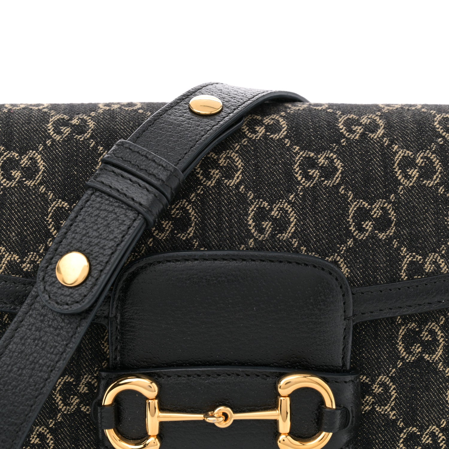 Gucci Jacquard Black Denim GG Monogram Textured Dollar Calfskin Horsebit 1955 Shoulder Bag Black Ivory 8 of 12